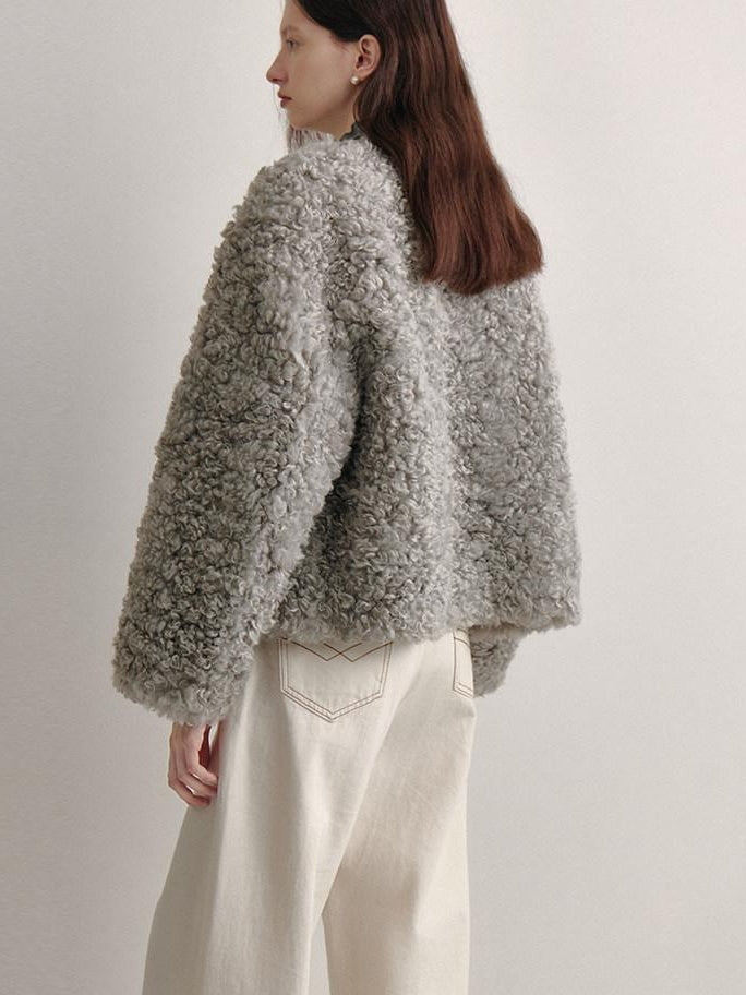 fano Faux Fur Straight Cut Minimal Workwear Women Gray Khaki Short Coat