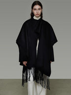 unspoken Pure Sheepswool Fringed Cape Commuter Women Structured Black Wool Coats