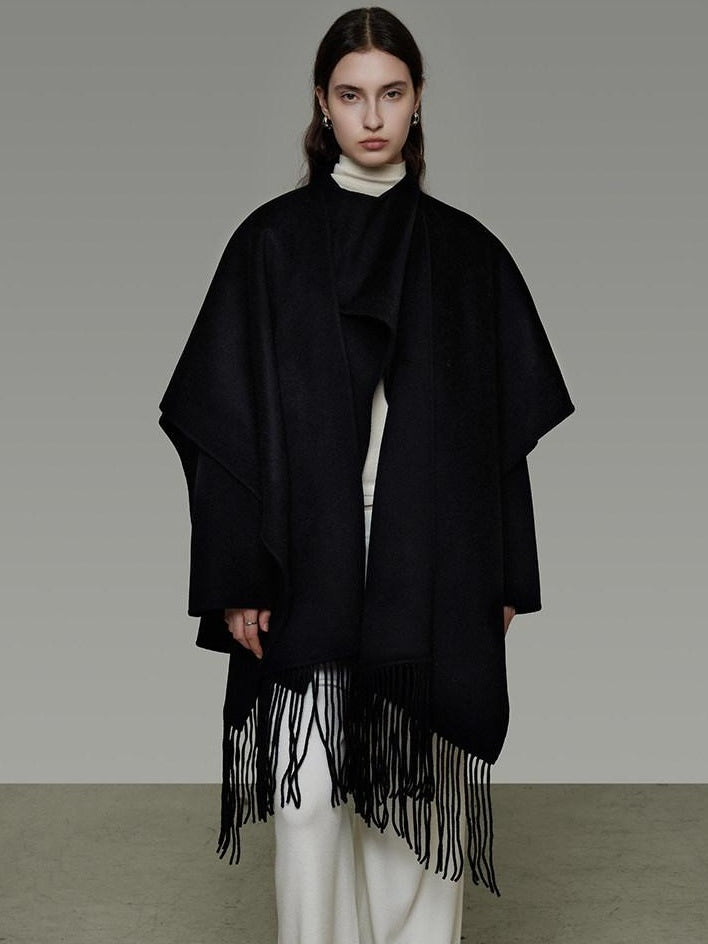 unspoken Pure Sheepswool Fringed Cape Commuter Women Structured Black Wool Coats