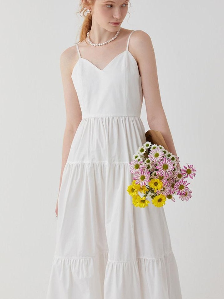 fano High Waist Pleated Minimalist V-neck Sleeveless A Line Cotton Casual Maxi Dresses