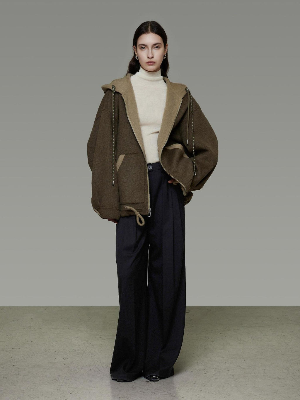 unspoken Premium Sheepswool Minimal Commuter Loose Fit Hooded Zip For Women Wool Coats