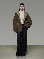 unspoken Premium Sheepswool Minimal Commuter Loose Fit Hooded Zip For Women Wool Coats