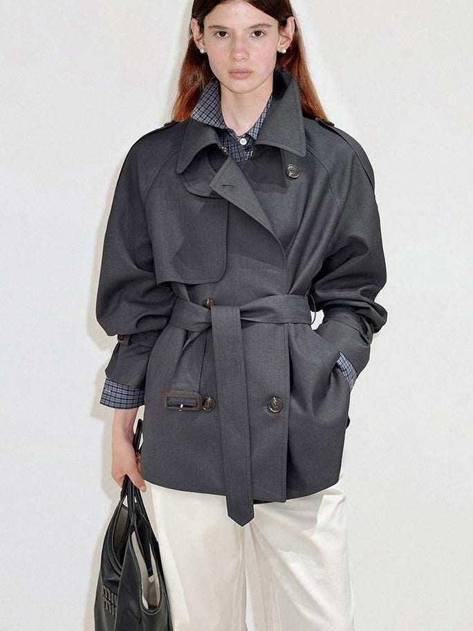 fano Double Breasted Button Front Minimal Commuter Straight Women Khaki Short Coat