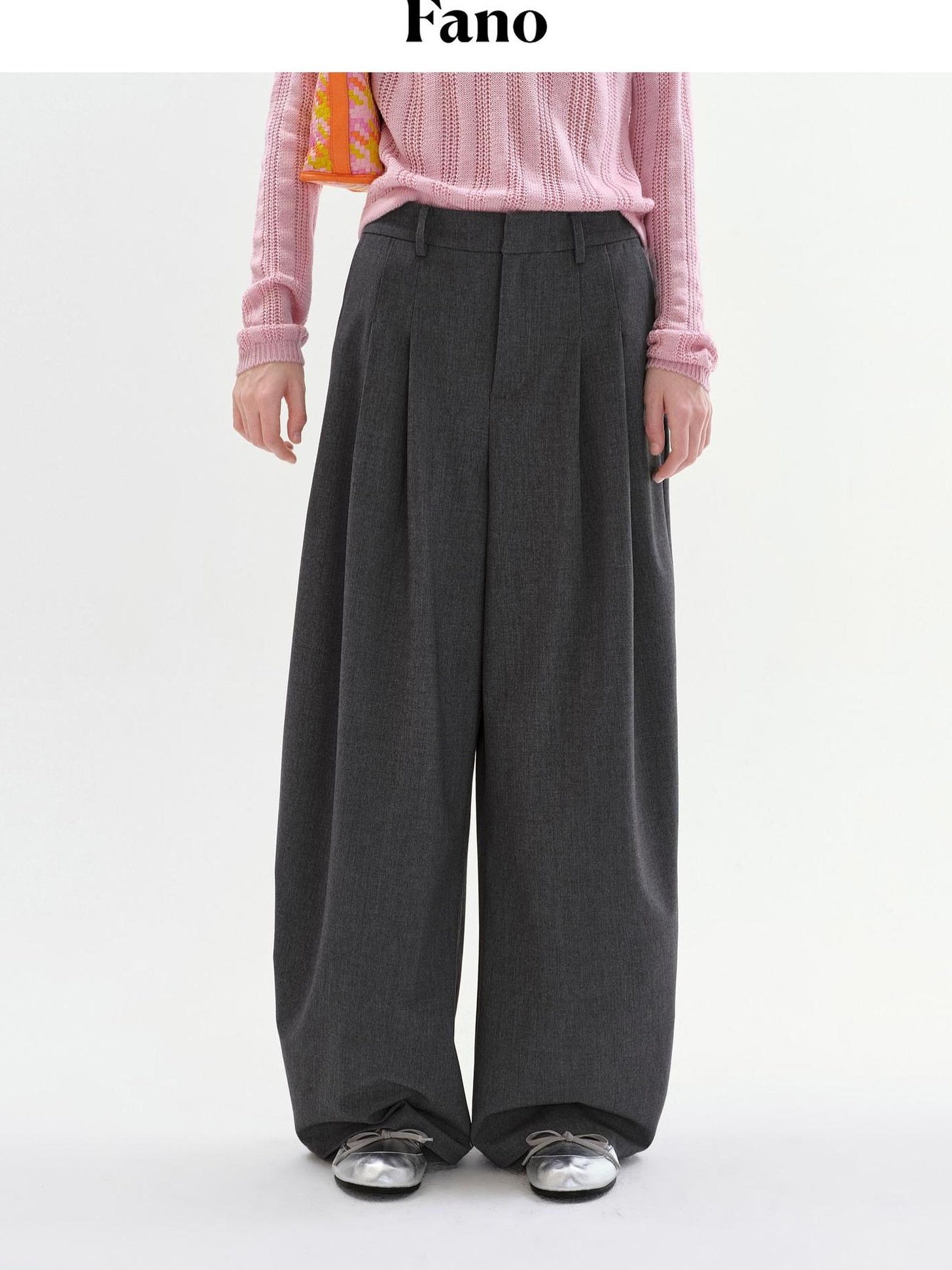 fano Lightweight Mid Rise Minimalist Flowy Young Women Polyester Grey Wide Leg Pants