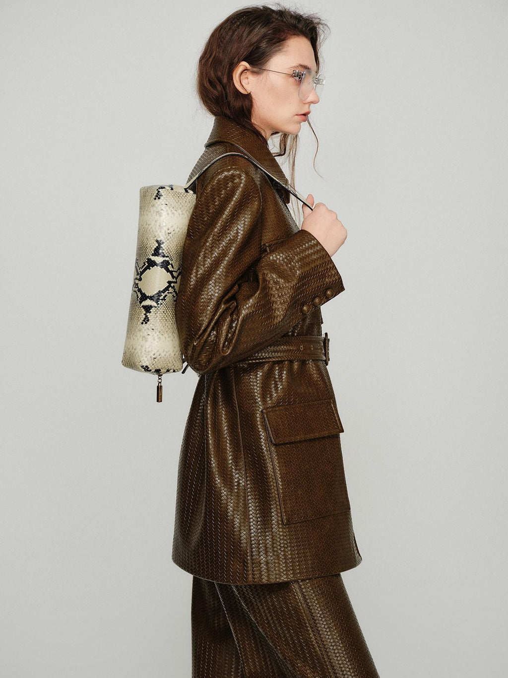 audreyyang Pu Leather Multi Pocket Loose Fit Lapel Button Cuff Burgundy Leather Jackets