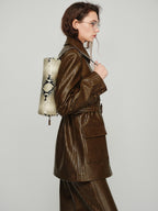 audreyyang Pu Leather Multi Pocket Loose Fit Lapel Button Cuff Burgundy Leather Jackets