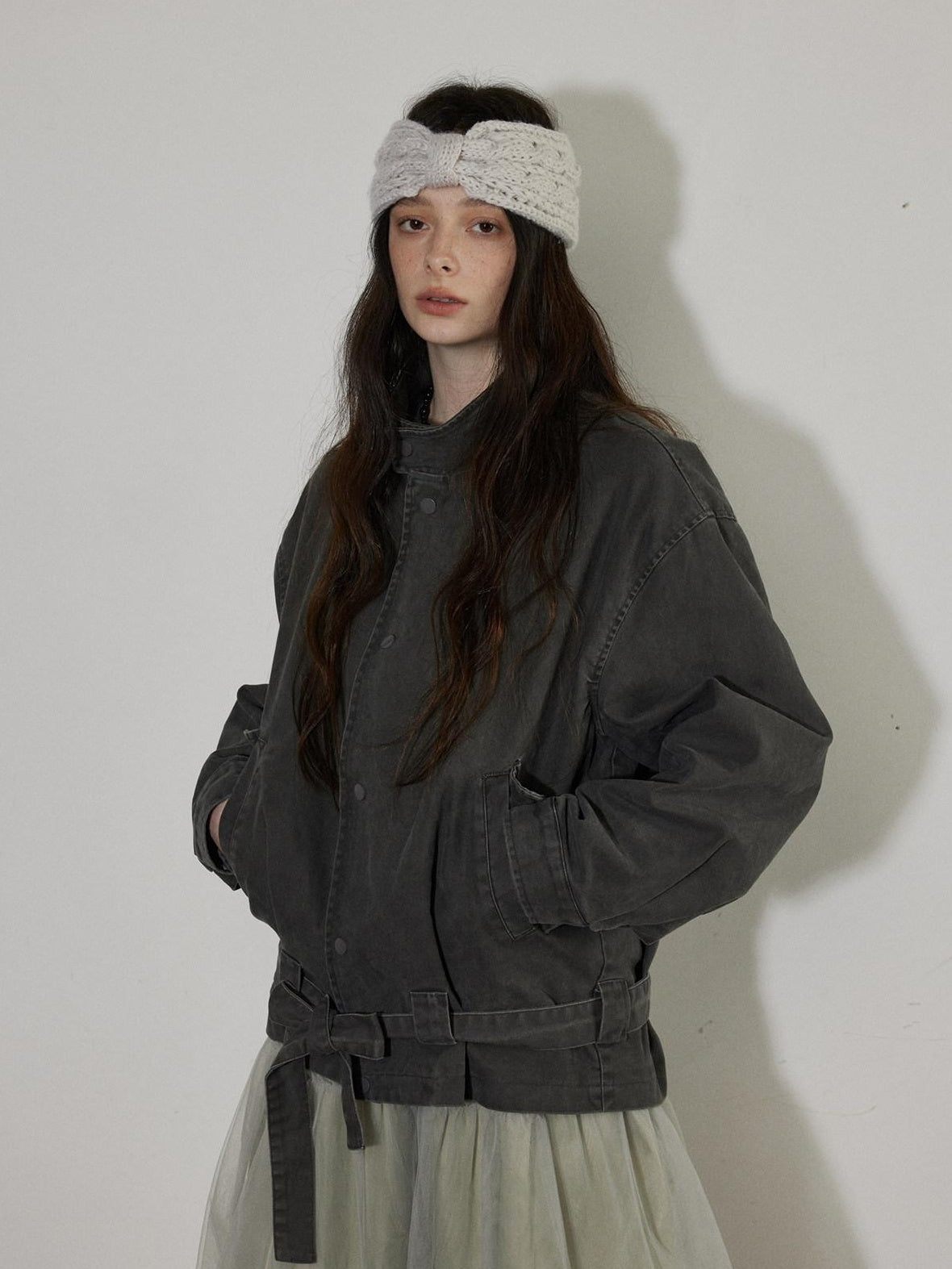 Lofi choose Breathable Drawstring Oversized Commuter Women Button Mud Gray Denim Jackets