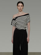 unspoken Soft Cotton Knit Striped Loose Minimalist Women Bardot Off Shoulder Crop Tops