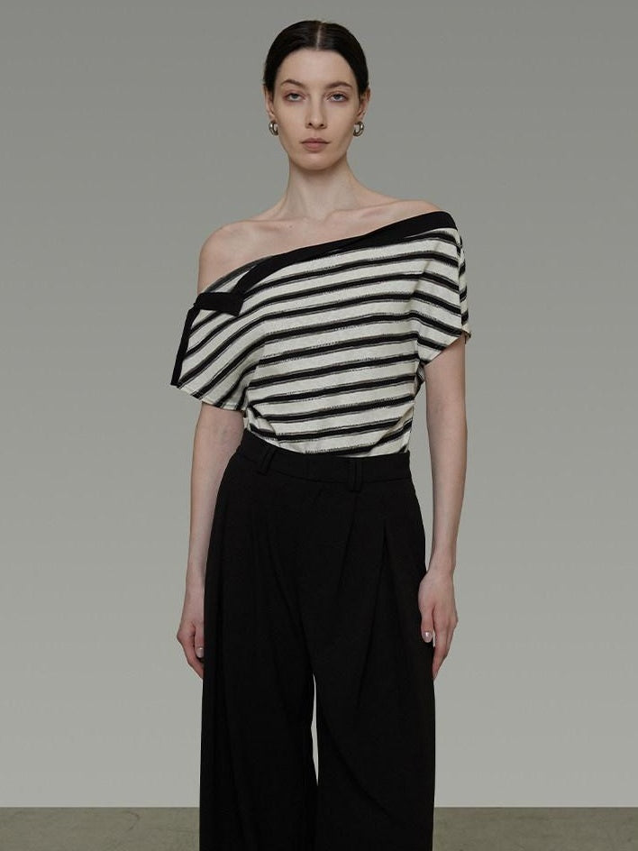 unspoken Soft Cotton Knit Striped Loose Minimalist Women Bardot Off Shoulder Crop Tops