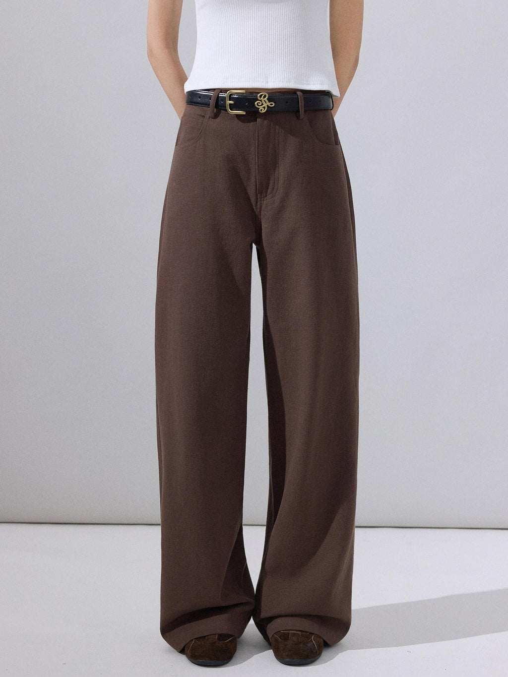 ikyou Stain Resistant Cotton Embroidered Natural Waist Brown Rigid Wide Leg Jeans