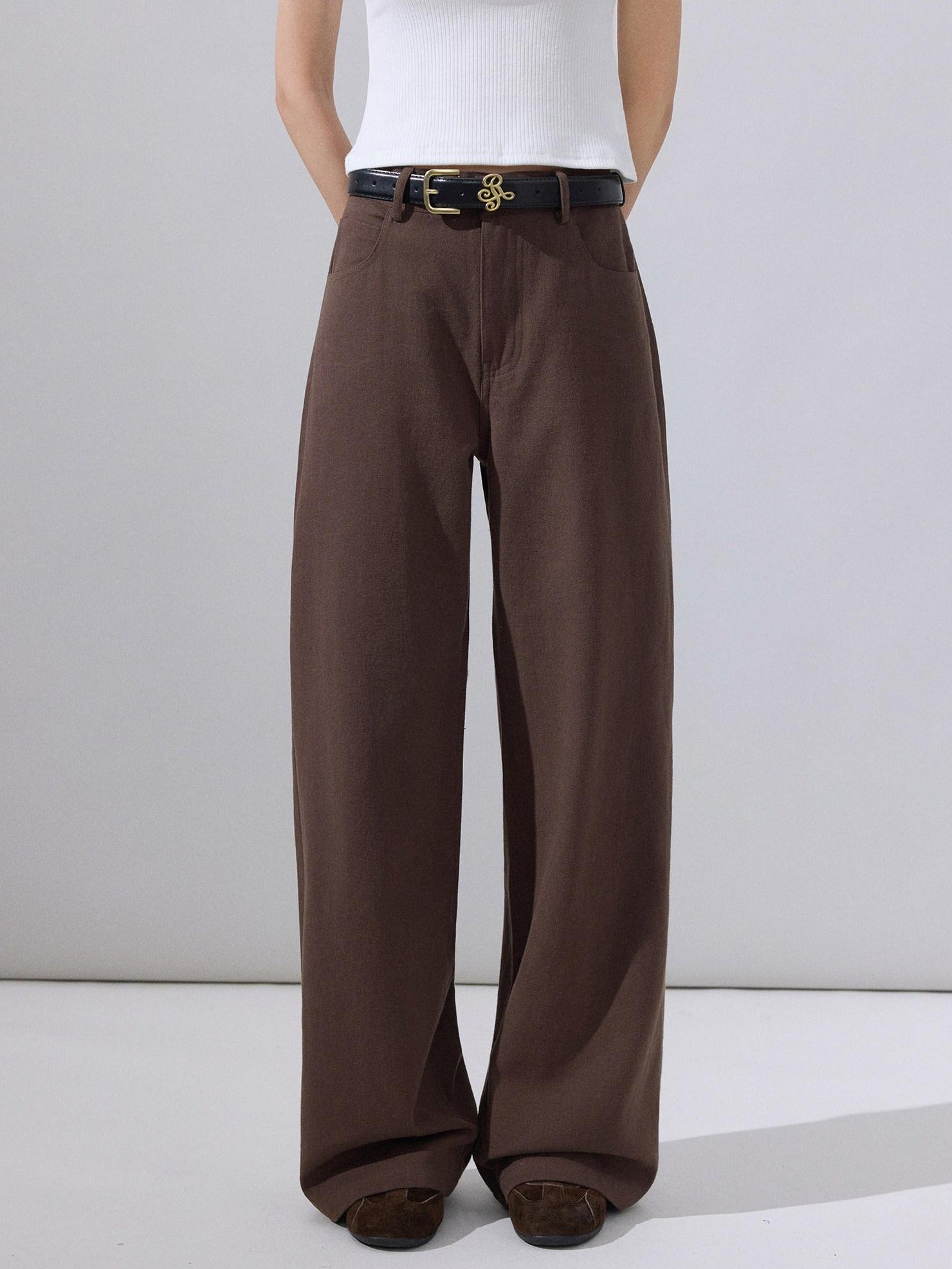 ikyou Stain Resistant Cotton Embroidered Natural Waist Brown Rigid Wide Leg Jeans