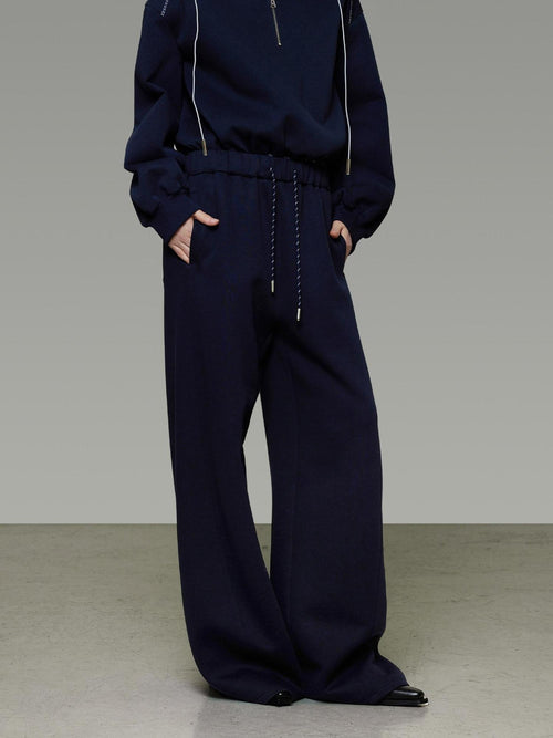unspoken Breathable Soft Cotton Minimal Mid Rise Drawstring Navy Women Wide Leg Pants