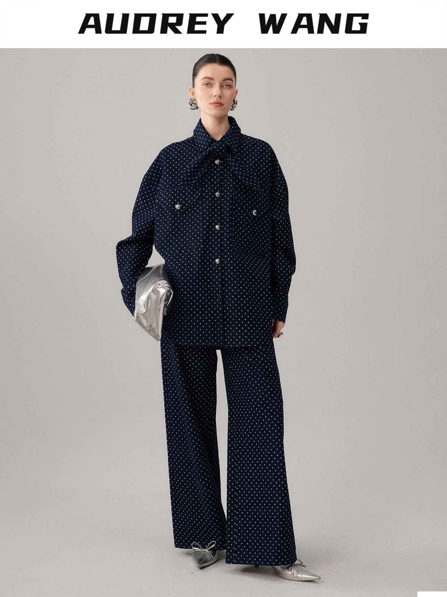 audreyyang Bow Detail Loose Fit Casual Women Daily Polka Dot Cotton Denim Jackets