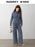 audreyyang 100% Cotton Vintage Loose Fit Button Long Sleeve Denim Women Top & Pants Sets