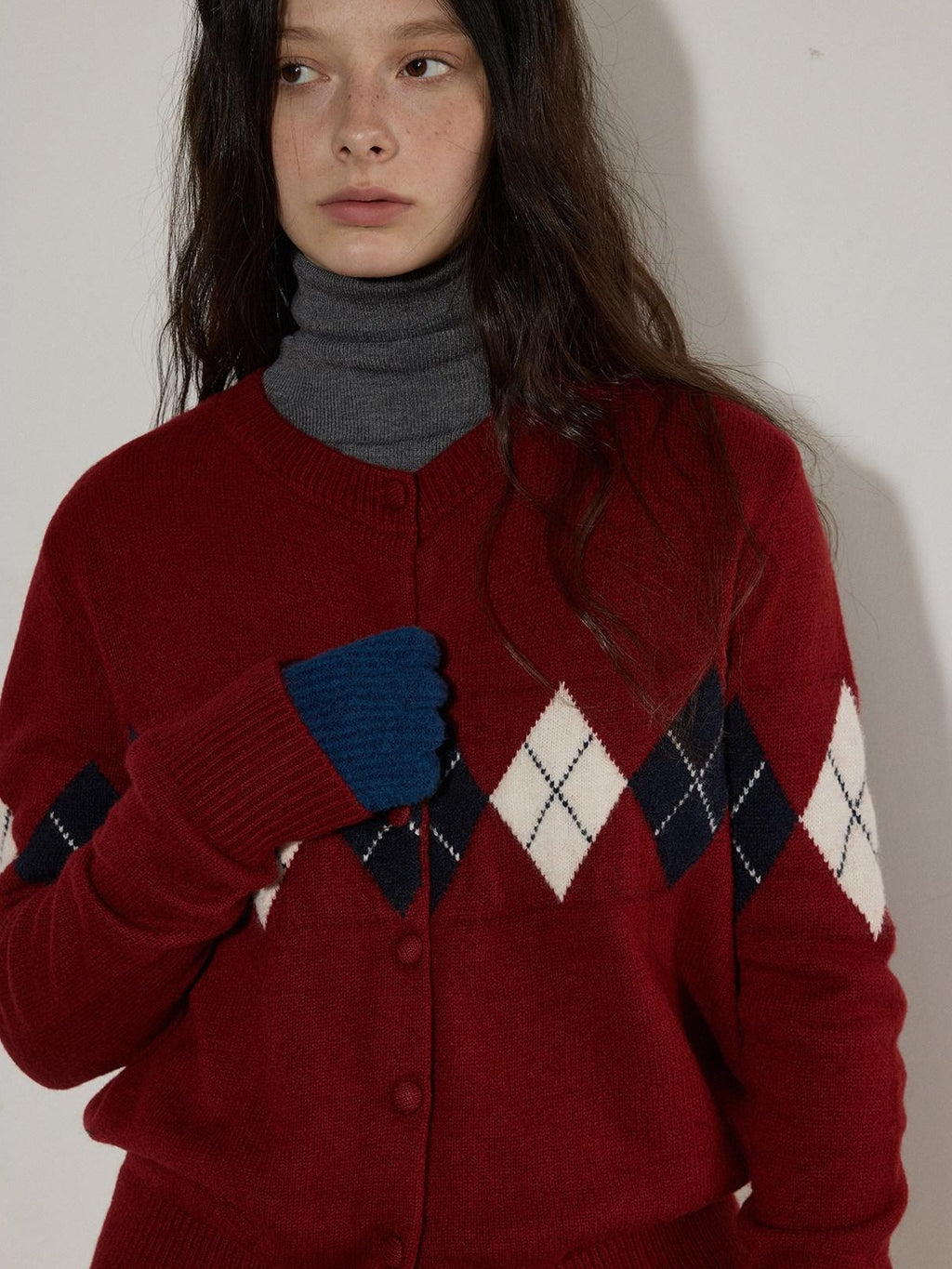 Lofi choose Cozy Acrylic Wool Blend Loose Fit Office Argyle Buttoned Women Cardigans