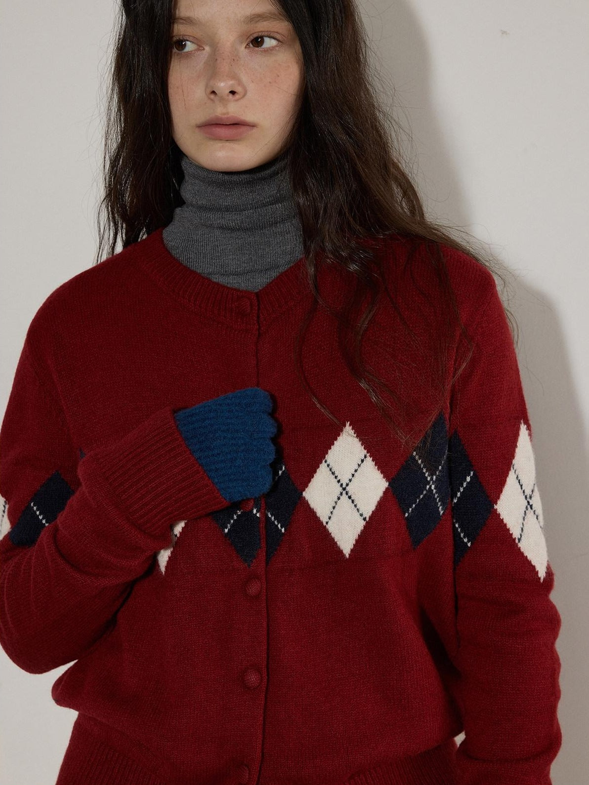 Lofi choose Cozy Acrylic Wool Blend Loose Fit Office Argyle Buttoned Women Cardigans