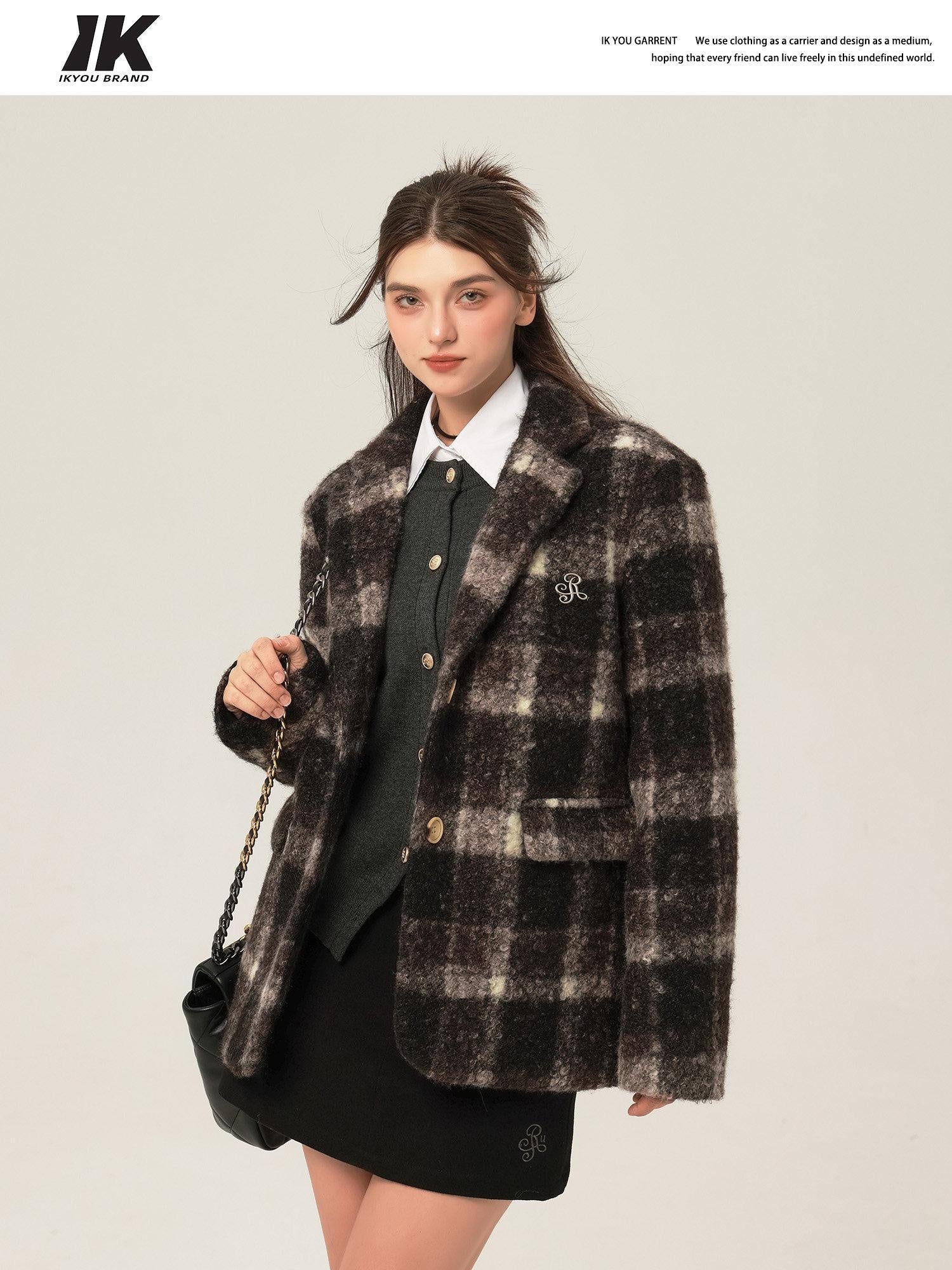 ikyou Minimalist Commuter Straight Fit Blazer Lapel Striped Flocked Office Wool Coats