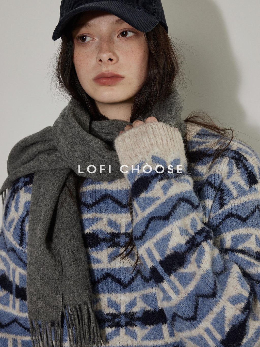 Lofi choose Thick Wool Blend Pullover Relaxed Fit Office Ready Crew Neck Blue Knitwear