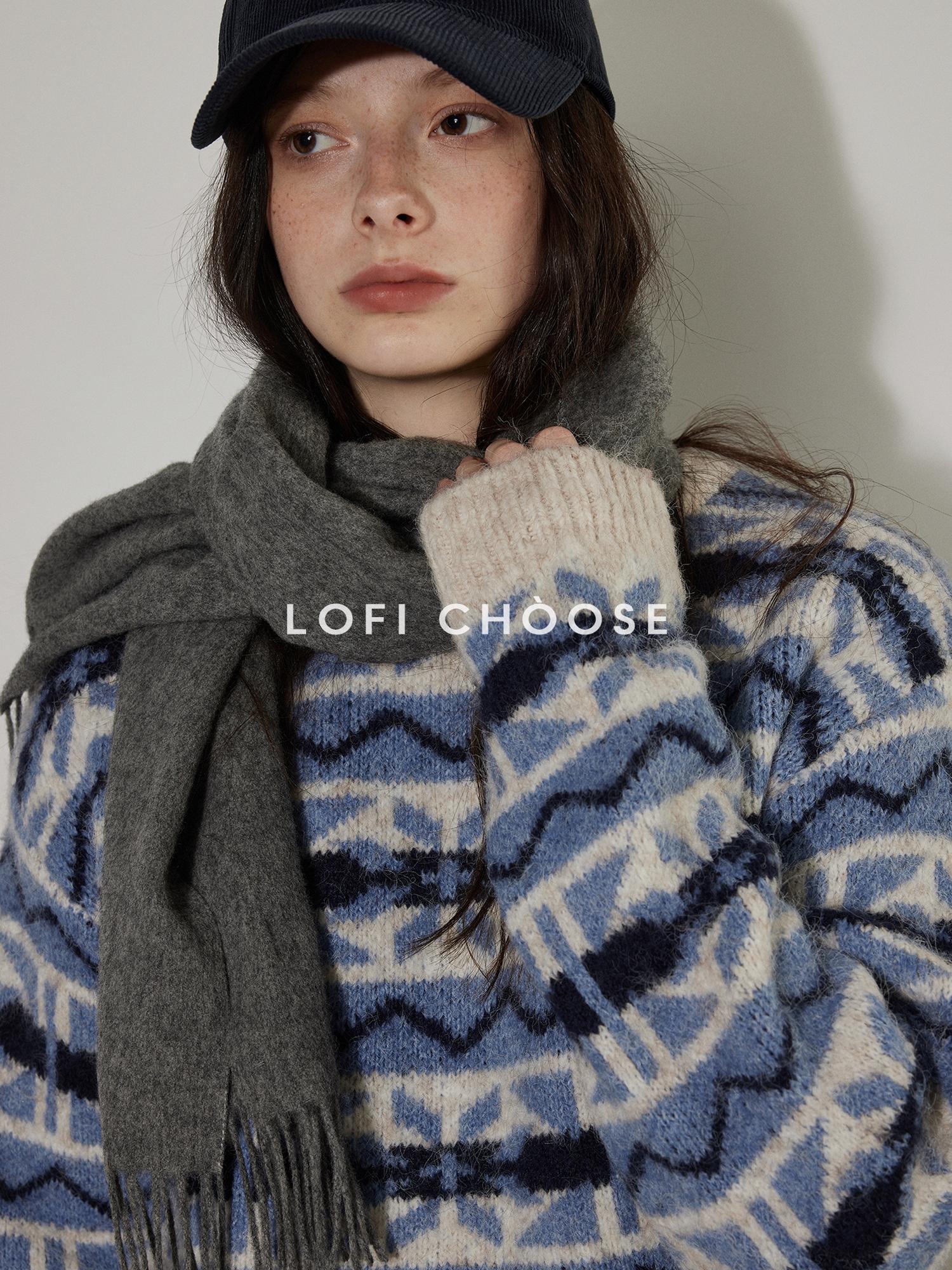 Lofi choose Thick Wool Blend Pullover Relaxed Fit Office Ready Crew Neck Blue Knitwear