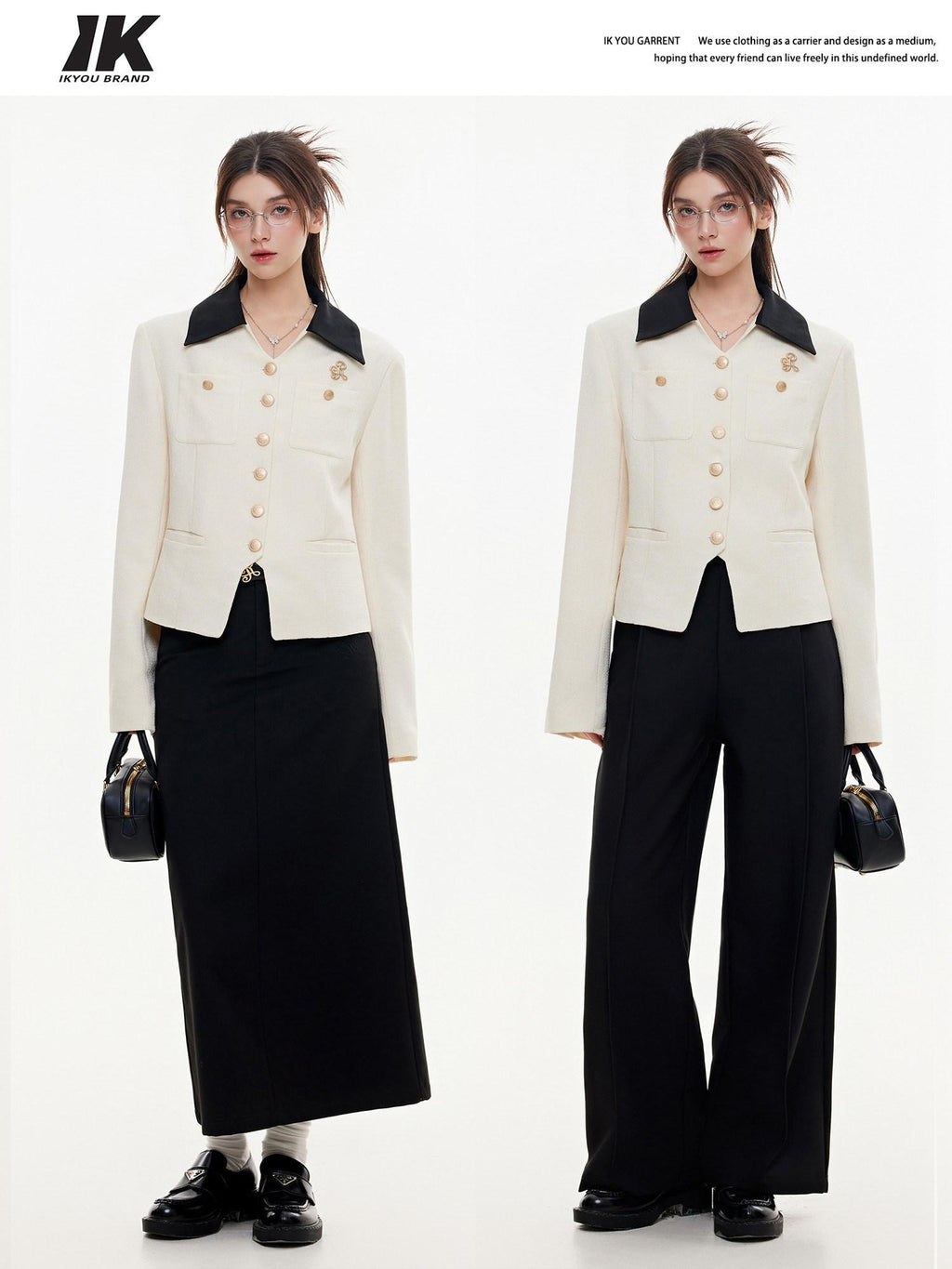 ikyou Office Slim Fit White Lapel Button Multi Pocket Women Cropped Jackets