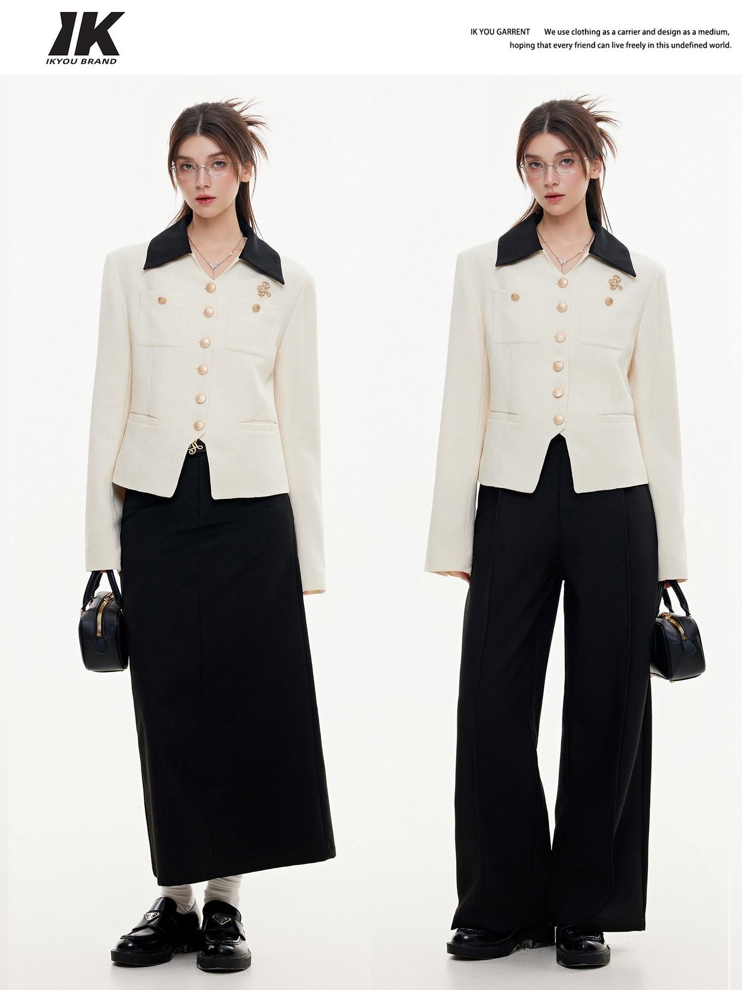 ikyou Office Slim Fit White Lapel Button Multi Pocket Women Cropped Jackets