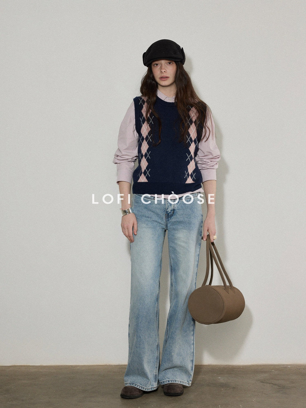 Lofi choose Cozy Colorblock Argyle Loose Fit Commuter Round Neck Women Navy Sweaters