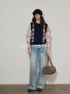 Lofi choose Cozy Colorblock Argyle Loose Fit Commuter Round Neck Women Navy Sweaters
