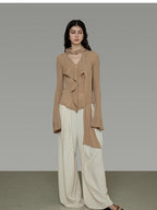 unspoken Slim Ruffle V-neck Bell Sleeve Knit Pullover Women Ginger Yellow Blouses