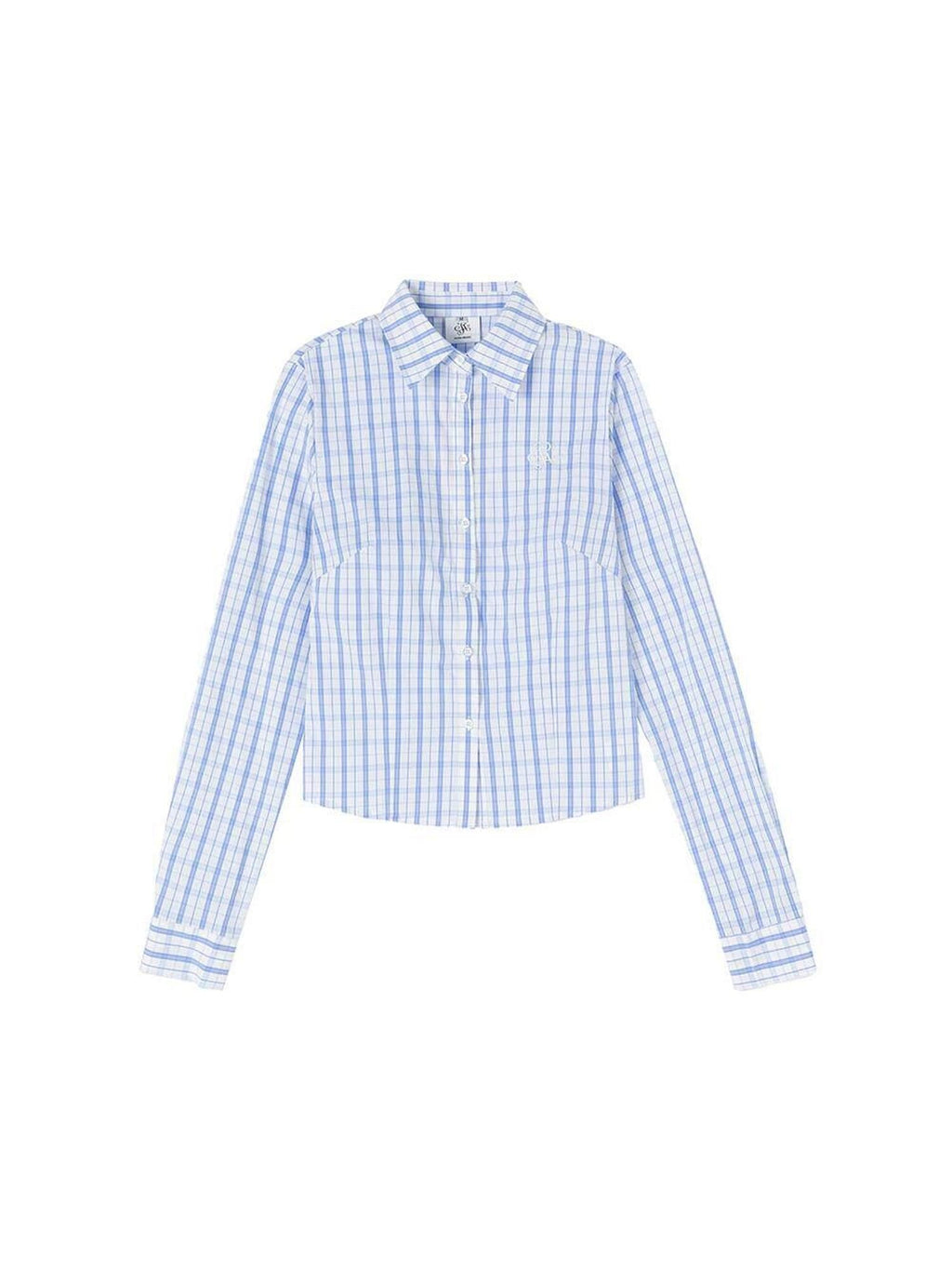 ikyou Shape Retention Slim Fit Pleated Embroidered Plaid Collared Long Sleeve Shirts