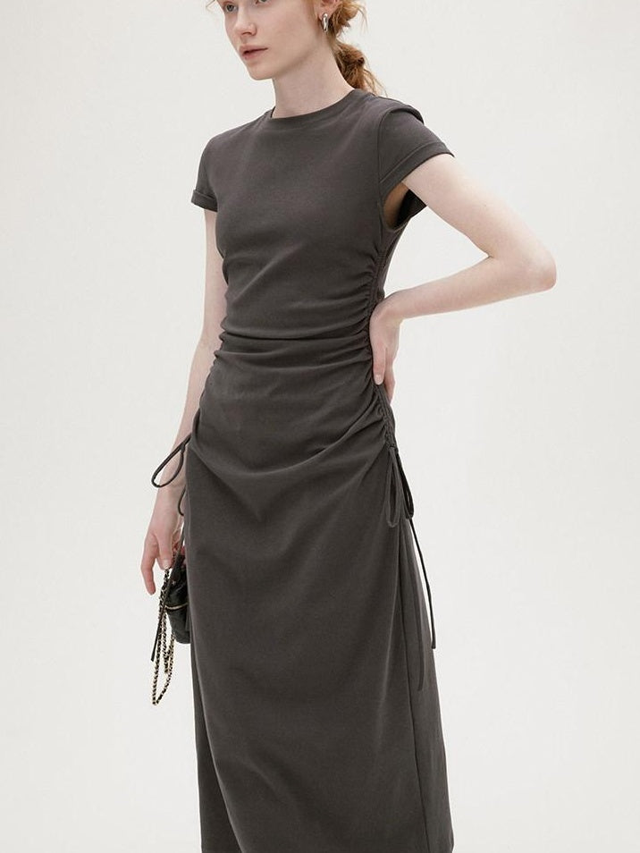 fano Soft Cotton Knit High Waist A Line Button Mock Neck Midi Dresses
