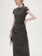 fano Soft Cotton Knit High Waist A Line Button Mock Neck Midi Dresses