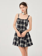 ikyou Slimming Cinched Waist Strappy Plaid A Line Office Midi Dresses