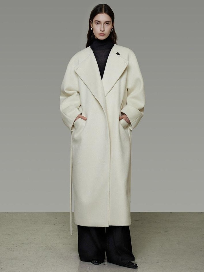 unspoken Lambswool Blend Tie Waist Oversized Commuter Longline White Wool Coats
