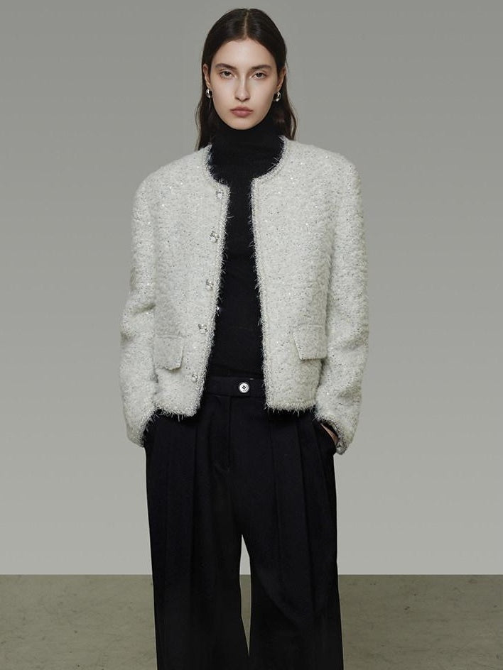 unspoken Lambswool Minimal Commuter Loose Single Button Round Neck Women Cropped Jackets