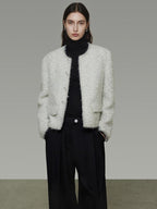 unspoken Lambswool Minimal Commuter Loose Single Button Round Neck Women Cropped Jackets