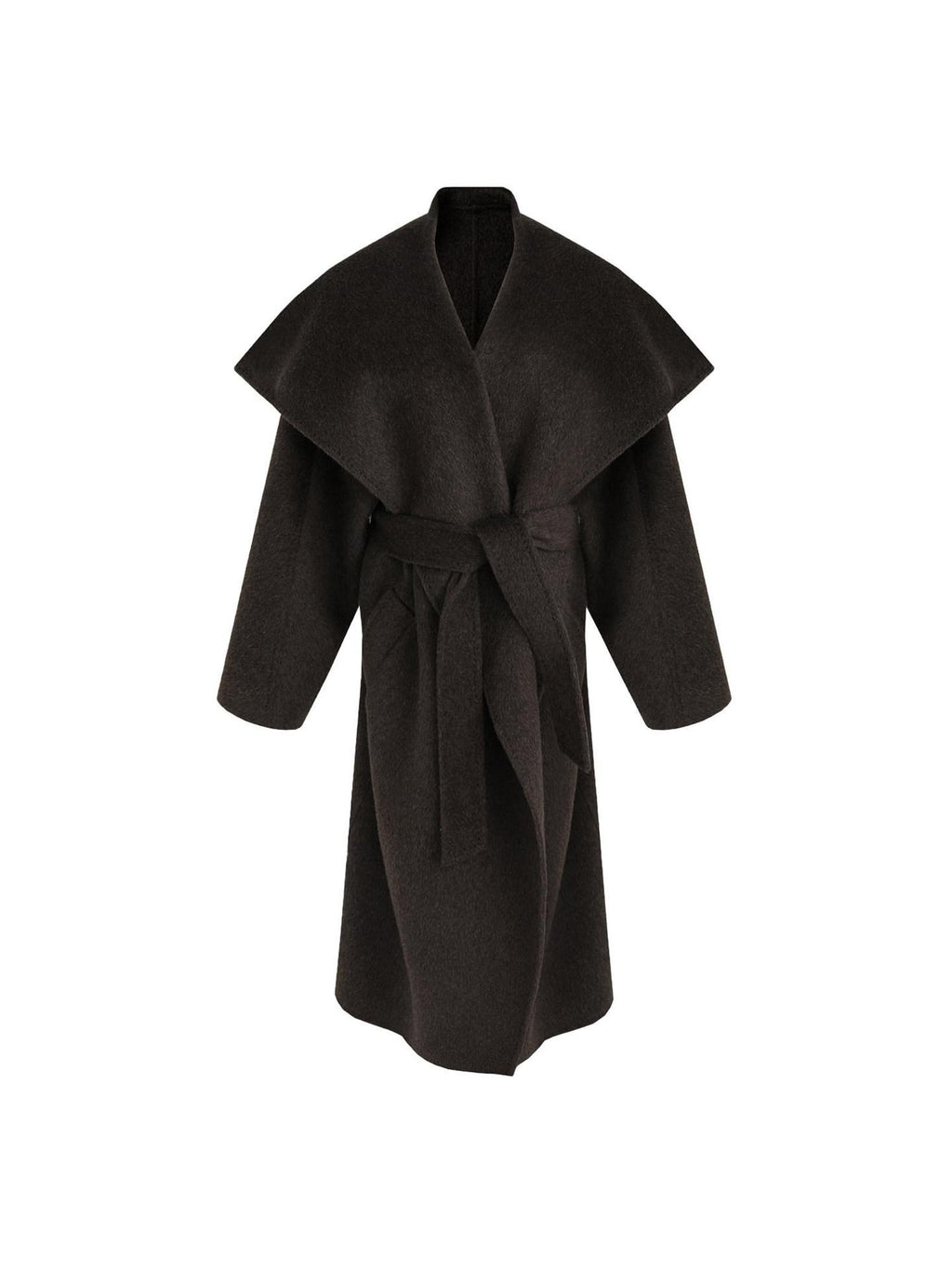 unspoken Pure Sheepswool Long Belted Lapel Loose Tailored Office Coffee Brown Wool Coats