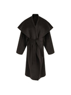 unspoken Pure Sheepswool Long Belted Lapel Loose Tailored Office Coffee Brown Wool Coats
