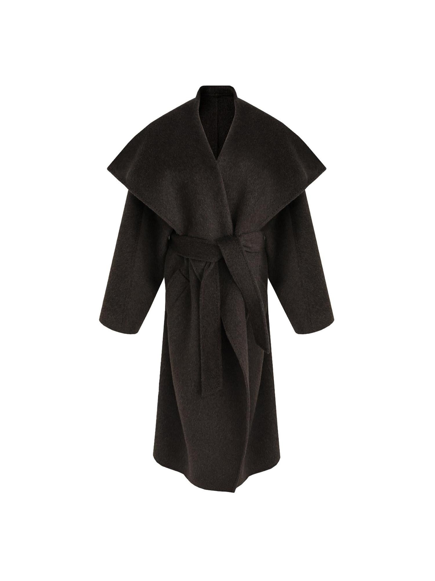 unspoken Pure Sheepswool Long Belted Lapel Loose Tailored Office Coffee Brown Wool Coats