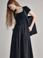 fano Cotton High Waist A Line Square Neck Short Sleeve Office Casual Maxi Dresses