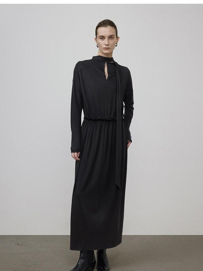 unspoken Minimal Office Pleated Round Neck Elastic Waist Long Sleeve Black Maxi Dresses
