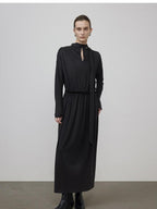 unspoken Minimal Office Pleated Round Neck Elastic Waist Long Sleeve Black Maxi Dresses