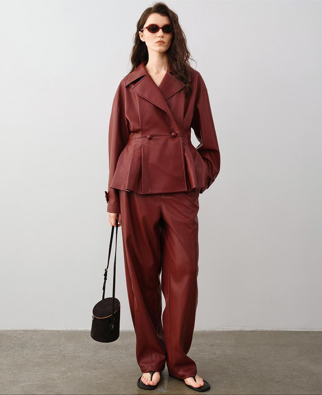 audreyyang 100 Percent Polyester Loose Fit Burgundy Women Wide Leg Pants