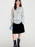fano Cotton Blend Relaxed Loose Round Neck Women Striped Long Sleeve T-Shirts