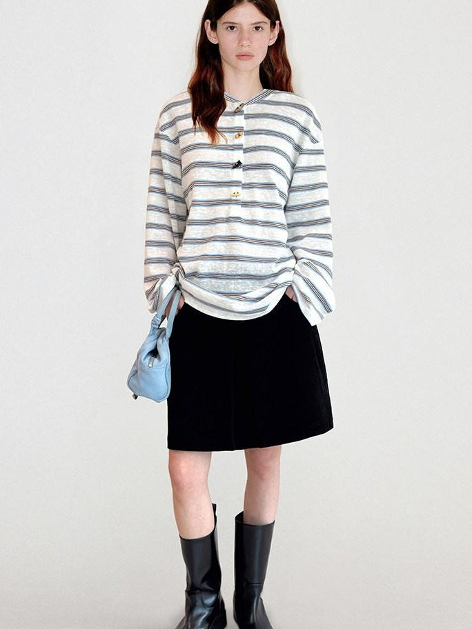 fano Cotton Blend Relaxed Loose Round Neck Women Striped Long Sleeve T-Shirts