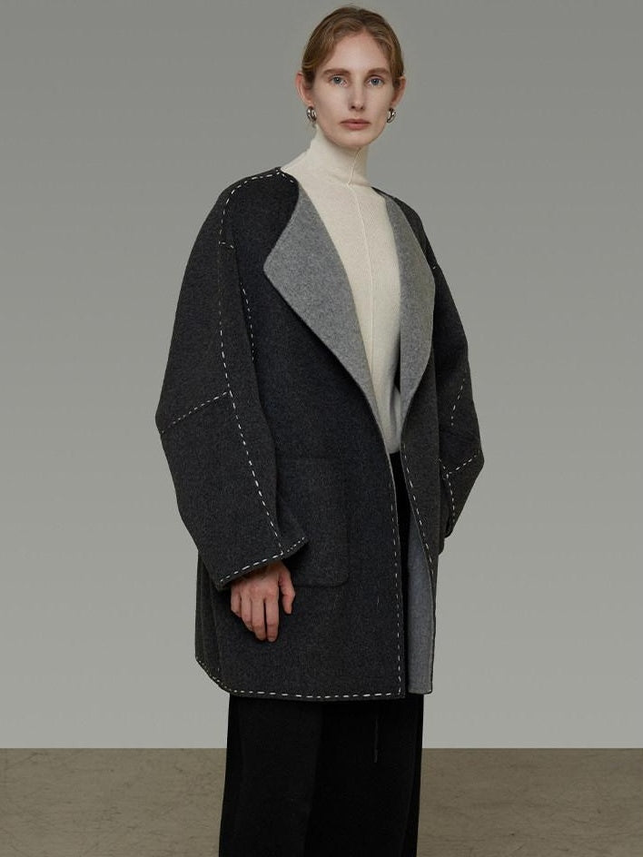 unspoken Warm Thick 3D Tailored Loose Fit Lapel Collar Commuter Women Charcoal Wool Coats