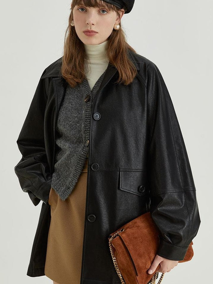 fano Warm Vintage Loose Fit Turn Down Collar Button Closure For Women Leather Jackets