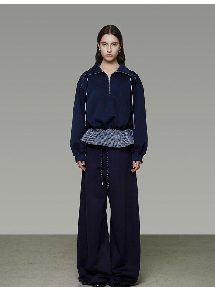 unspoken Breathable Soft Cotton Minimal Mid Rise Drawstring Navy Women Wide Leg Pants