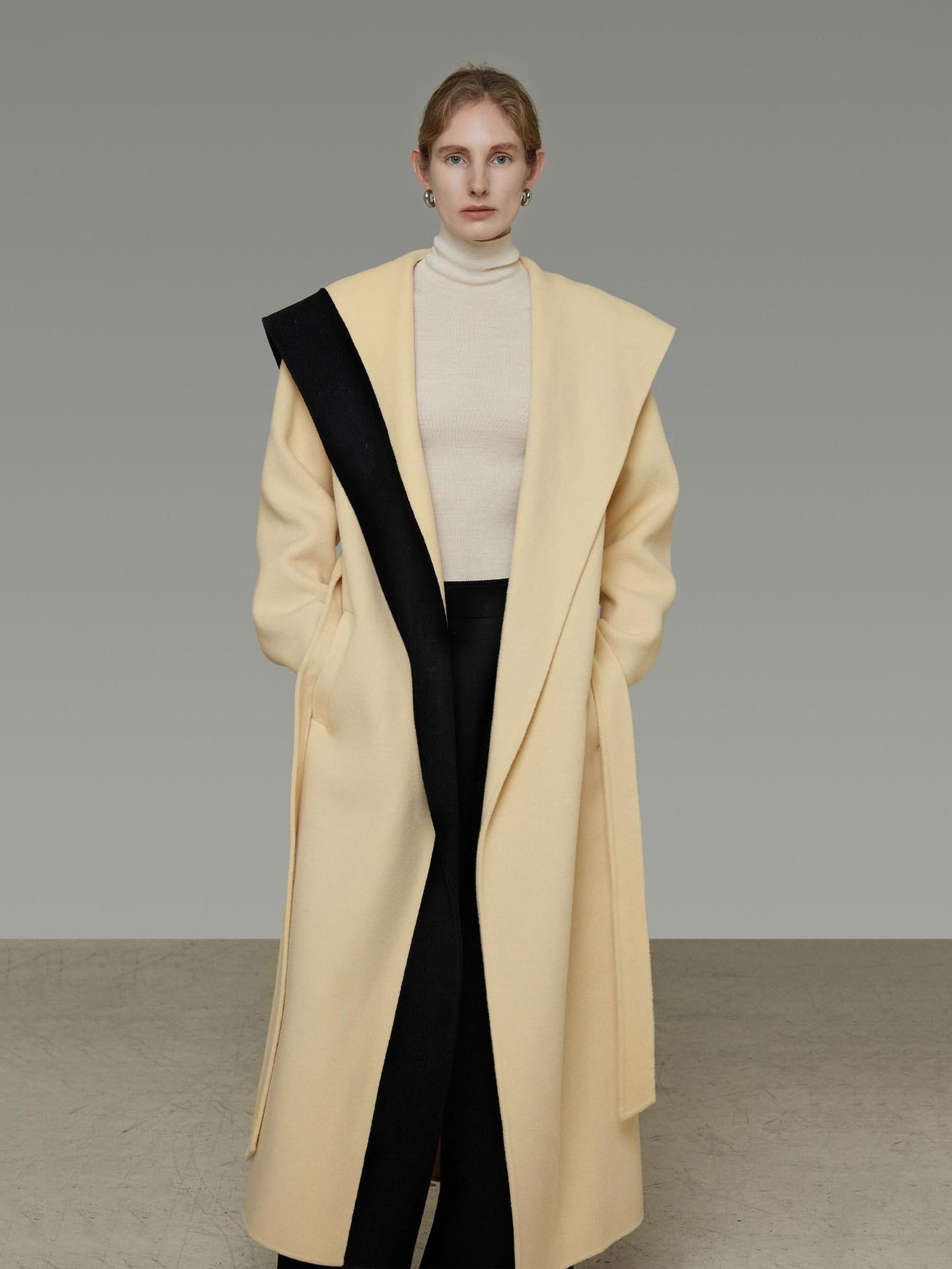 unspoken Thick Cozy Longline Loose Fit Minimal Commuter Cream Black Wool Coats