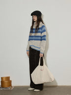 Lofi choose Acrylic Wool Blend Colorblock Striped Lapel Loose Fit Women Zip Front Cardigans