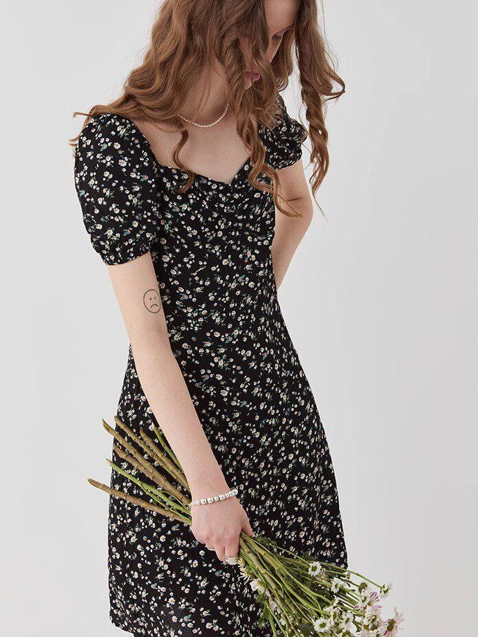 fano Black Floral Puff Sleeve V-neck High Waist A Line Office Chic Midi Dresses